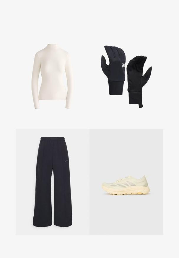 Lichtbeige ritsjack met capuchon, elastische manchetten en twee voorzakken. Bevat het Nike-logo in zilver op de bovenste linkerzijde.; Langsleeve, hoge hals top van een zachte, romige witte stof. Heeft een gladde textuur en een aansluitend ontwerp, zonder patronen of zichtbare hardware.; Zwarte wijde broek met een elastische tailleband en een klein wit Nike-logo. De stof heeft een soepele textuur, ontworpen voor comfort en casual gebruik.; Lichtbeige sport sneaker met transparante bovenkant, dikke gevoerde zool, veter aan de zijkant en Vibram-logo op de buitenzool.; Zwarte handschoenen van synthetisch materiaal met een nauwsluitend ontwerp, voorzien van een zichtbaar logo en een textuur op de palm voor betere grip. Inclusief een ritsdetail.