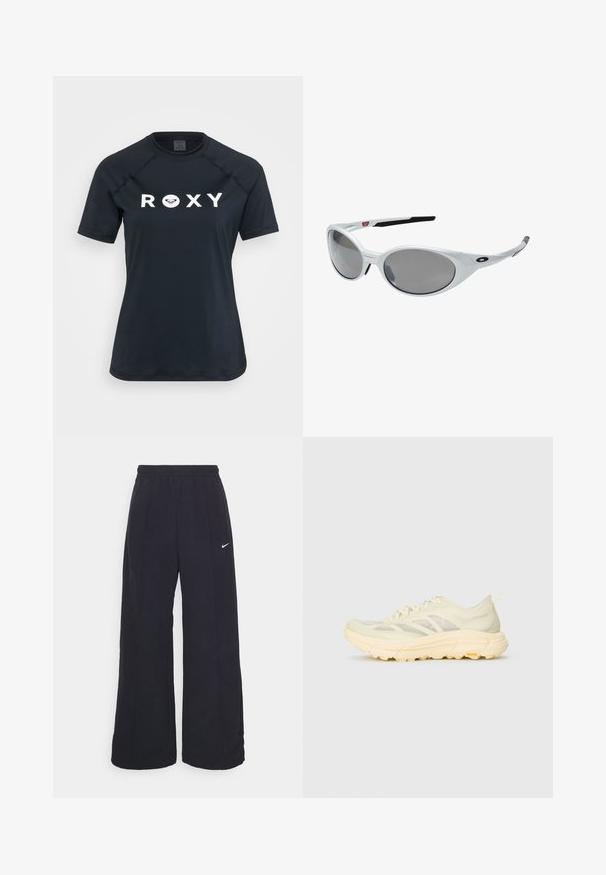 Lys beige zip-jakke med hætte, elastiske manchetter og to forlommer. Har Nike-logoet i sølv på øverste venstre side.; Sort kortærmet rash guard lavet af strækbart materiale, med et hvidt "ROXY" logo på forsiden og en rund halsudskæring.; Sorte brede bukser med elastisk talje og et lille hvidt Nike-logo. Stoffet har en glat tekstur, designet til komfort og afslappet brug.; Lys beige atletisk sneakers med gennemsigtig overdel, tykk polstret sål, sider laces og Vibram-logo på den ydre sål.; Hvide plast solbriller med store ovale linser, gråtonede. Har sorte øre greb og et lille logo på rammen. Glat overflade.; Sorte handsker lavet af syntetisk materiale med en tætsiddende design, der har et synligt logo og tekstureret håndflade for bedre greb. Inkluderer glidelåsdetalje.