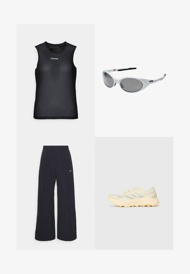 Lys beige zip-jakke med hætte, elastiske manchetter og to forlommer. Har Nike-logoet i sølv på øverste venstre side.; Sort ærmeløs mesh tanktop med rund halsudskæring, der har et åndbart design og GripGrab-logo på fronten. Struktureret look.; Sorte brede bukser med elastisk talje og et lille hvidt Nike-logo. Stoffet har en glat tekstur, designet til komfort og afslappet brug.; Lys beige atletisk sneakers med gennemsigtig overdel, tykk polstret sål, sider laces og Vibram-logo på den ydre sål.; Hvide plast solbriller med store ovale linser, gråtonede. Har sorte øre greb og et lille logo på rammen. Glat overflade.; Sort rygsæk lavet af letvægts, tekstureret stof med en central lynlås, justerbare stropper og et håndtag på toppen. Har et logo på siden.