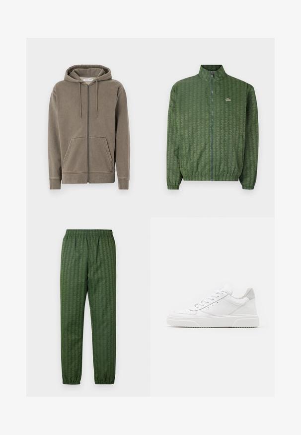 Grön zip-up jacka med geometriskt mönster, hög krage, elastiska ärmar och en Lacoste-logotyp på bröstet. Lätt material.; Zip-up hoodie i dämpad olivgrön, tillverkad av mjukt tyg. Har en huva med snörning, framfickor och ribbade muddar. Enkelt design.; Vit t-shirt i bomull med en navy och olivgrön "LACOSTE SPORTSWEAR" logotyp tryckt över bröstet i en böjd design.; Gröna mönstrade träningsbyxor med elastisk midja, avsmalnande ben och ett geometriskt mönster genom hela byxorna. Tillverkade av lätt material.; Vita lädersneakers med en slät yta, rund tå, platta snören och en texturerad sula. Grå mockadetalj vid hälen.