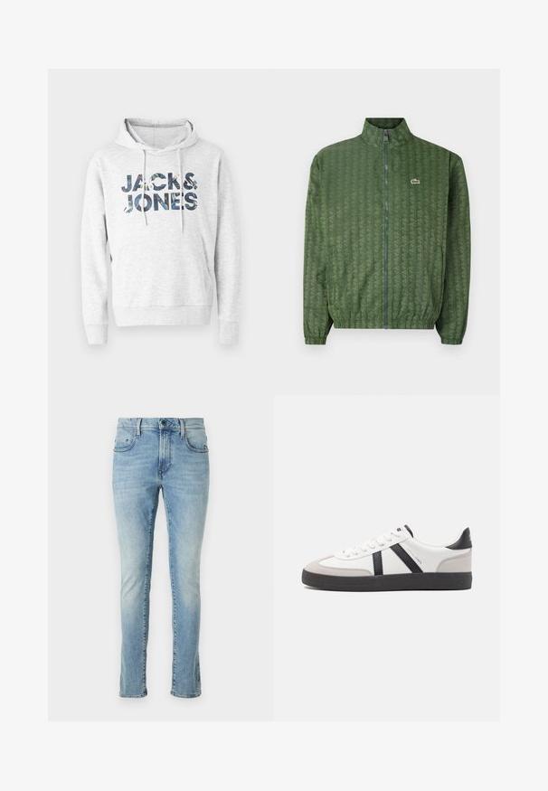 Zelená bunda na zips s geometrickým vzorom, vysokým golierom, elastickými manžetami a logom Lacoste na hrudi. Ľahký materiál.; Sivá mikina s kapucňou s nápisom "JACK & JONES" v vzorovom dizajne. Mäkká tkanina s dlhými rukávmi a prednou klokankou.; Svetlomodré denimové džínsy so slim fit strihom, s piatimi vreckami, zipsom a jemným vyblednutím pozdĺž nohavíc. Priame zakončenie pri členkoch.; Biele tenisky s čiernymi a šedými akcentmi, s textúrovanou šedou špičkou, čiernou gumovou podrážkou a plochými bielymi šnúrkami. Čistý dizajn, minimalistický štýl.