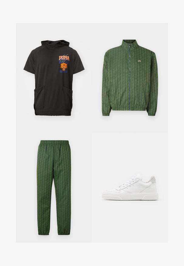 Veste zippée verte avec un motif géométrique, col haut, poignets élastiques et logo Lacoste sur la poitrine. Matériau léger.; Haut à capuche noir à manches courtes avec un col montant, orné de graphismes orange et bleu, d'une tête de lion et de deux poches avant zippées.; Pantalons de sport verts à motif avec une taille élastique, jambes effilées et un design géométrique. Fabriqués en matériau léger.; Des baskets en cuir blanc avec une finition lisse, un bout rond, des lacets plats et une semelle texturée. Accents en daim gris au niveau du talon.