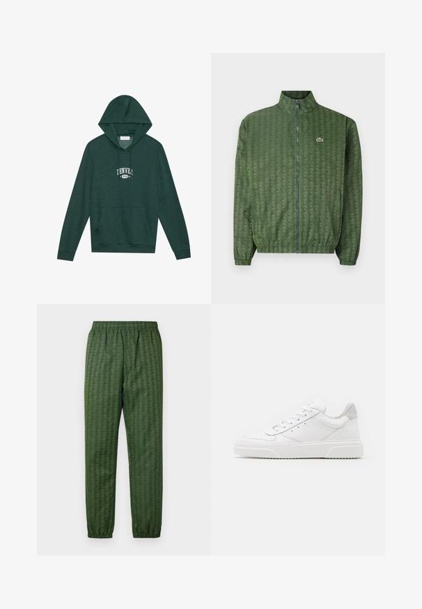 Zöld zipzáros dzseki geometrikus mintával, magas gallérral, elasztikus mandzsettákkal és Lacoste logóval a mellrészen. Könnyű anyagból készült.; Sötétzöld kapucnis pulóver, elülső zsebbel, kenguru stílusú, fehér "DENVER USA 96" grafikával a mellkasán, puha pamut anyagból készült.; Zöld mintázatú sportnadrág, rugalmas derékkal, csekkelt lábakkal és geometriai mintázattal. Könnyű anyagból készült.; Fehér bőr sportcipő sima felülettel, kerek orral, lapos fűzőkkel és textúrált talppal. Szürke velúr díszítés a saroknál.
