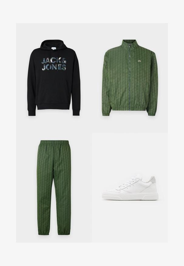 Zöld zipzáros dzseki geometrikus mintával, magas gallérral, elasztikus mandzsettákkal és Lacoste logóval a mellrészen. Könnyű anyagból készült.; Fekete kapucnis pulóver, húzózsinórral. Az elején egy nagy, mintás "JACK & JONES" logó található. Az anyag lágy és sima textúrájú.; Fehér, pamut póló, melyen egy kék és olíva zöld "LACOSTE SPORTSWEAR" logó található, ívelt formában a mellkas közepén.; Zöld mintázatú sportnadrág, rugalmas derékkal, csekkelt lábakkal és geometriai mintázattal. Könnyű anyagból készült.; Fehér bőr sportcipő sima felülettel, kerek orral, lapos fűzőkkel és textúrált talppal. Szürke velúr díszítés a saroknál.