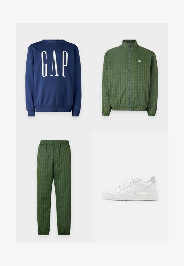 Giacca verde con zip, decorata con un motivo geometrico, colletto alto, polsini elasticizzati e logo Lacoste sul petto. Materiale leggero.; GAP Felpa - blue shade; Pantaloni sportivi verdi a fantasia con cintura elastica, gambe affusolate e un design geometrico in tutto. Realizzati in materiale leggero.; Sneaker bianche in pelle con finitura liscia, punta arrotondata, lacci piatti e suola texturizzata. Accento in suede grigio sul tallone.