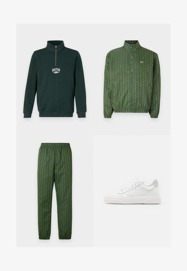 Giacca verde con zip, decorata con un motivo geometrico, colletto alto, polsini elasticizzati e logo Lacoste sul petto. Materiale leggero.; Felpa verde scuro con zip a un quarto. Presenta la scritta "BOSTON 1998" in lettere bianche sul petto. Realizzata in un morbido tessuto testurizzato.; Pantaloni sportivi verdi a fantasia con cintura elastica, gambe affusolate e un design geometrico in tutto. Realizzati in materiale leggero.; Sneaker bianche in pelle con finitura liscia, punta arrotondata, lacci piatti e suola texturizzata. Accento in suede grigio sul tallone.