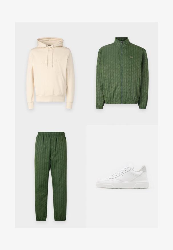 Giacca verde con zip, decorata con un motivo geometrico, colletto alto, polsini elasticizzati e logo Lacoste sul petto. Materiale leggero.; Felpa color crema con cordini, tasca frontale e testo in rilievo "ORIGINALS". Tessuto morbido con una vestibilità rilassata. Polsini e orlo a costine.; Pantaloni sportivi verdi a fantasia con cintura elastica, gambe affusolate e un design geometrico in tutto. Realizzati in materiale leggero.; Sneaker bianche in pelle con finitura liscia, punta arrotondata, lacci piatti e suola texturizzata. Accento in suede grigio sul tallone.