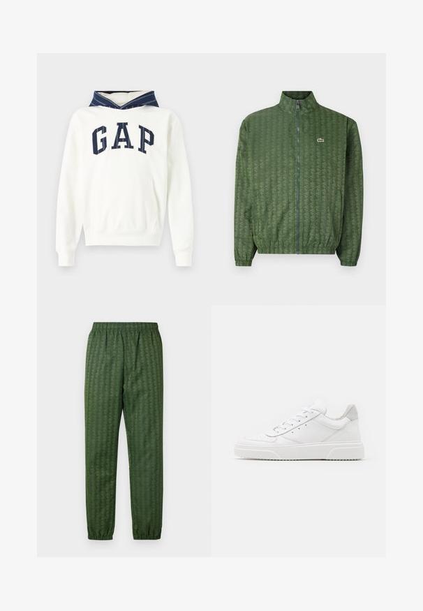 Giacca verde con zip, decorata con un motivo geometrico, colletto alto, polsini elasticizzati e logo Lacoste sul petto. Materiale leggero.; Felpa bianca in cotone con cappuccio a righe blu navy, caratterizzata da un grande logo "GAP" in blu navy sulla parte anteriore. Include una tasca frontale e polsini a coste.; Pantaloni sportivi verdi a fantasia con cintura elastica, gambe affusolate e un design geometrico in tutto. Realizzati in materiale leggero.; Sneaker bianche in pelle con finitura liscia, punta arrotondata, lacci piatti e suola texturizzata. Accento in suede grigio sul tallone.