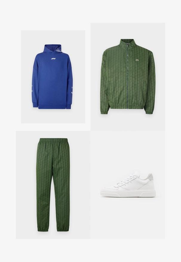 Zelená zipsová bunda s geometrickým vzorem, vysokým límcem, elastickými manžetami a logem Lacoste na hrudi. Lehký materiál.; Modrá mikina s kapucí se středovým logem, dlouhými rukávy, žebrovanými manžetami a texturovanou kapucí s vzorovaným akcentem na straně.; Zelené sportovní kalhoty s elastickým pasem, zúženými nohavicemi a geometrickým vzorem po celé ploše. Vyrobeno z lehkého materiálu.; Bílé kožené tenisky s hladkým povrchem, zaoblenou špičkou, plochými tkaničkami a texturovanou podrážkou. Šedý semišový detail na patě.