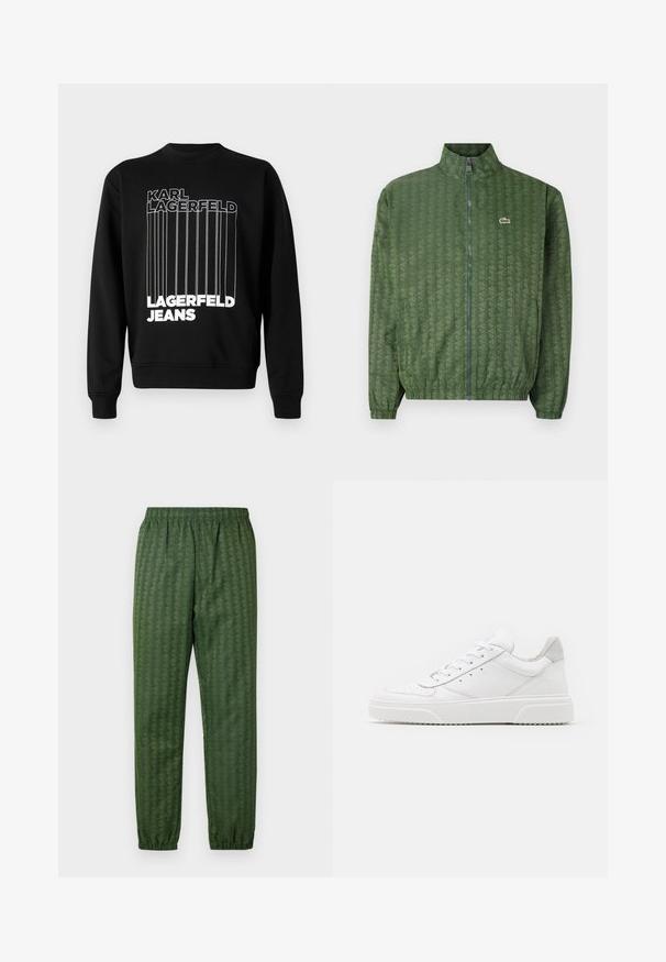 Grønn zip-up jakke med geometrisk mønster, høy krage, elastiske mansjetter og Lacoste-logo på brystet. Lett materiale.; Svart genser med hvite vertikale linjer og fet tekst som leser "KARL LAGERFELD" og "LAGERFELD JEANS." Klassisk crew neck design.; Grønne mønstrede treningsbukser med elastisk midjebånd, smale ben og geometrisk design gjennom hele. Laget av lett materiale.; Hvite skinnsko med en glat overflate, rund tå, flate lisser og teksturert såle. Grå semsket innfelt ved hælen.