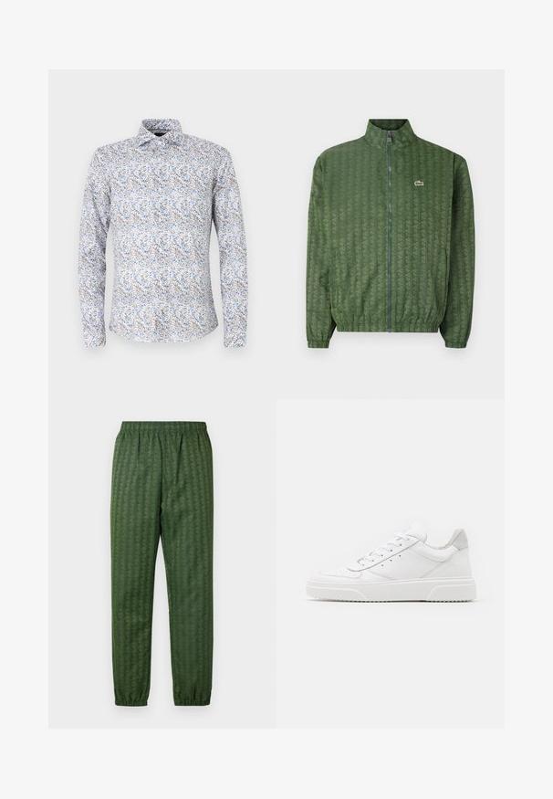 Vihreä vetoketjullinen takki, jossa on geometrinen kuosi, korkea kaulus, joustavat hihansuut ja Lacosteen logo rinnassa. Kevyt materiaali.; Pitkähihaisi paita vaaleanharmaana, jossa on sinisiä ja ruskeita kukkakuosia. Varustettu tavanomaisella kauluksella ja nappisulkimella. Valmistettu puuvillakankaasta.; Vihreät kuviolliset urheiluhousut, joissa on joustava vyötärö, kapenevat lahkeet ja geometrinen kuviointi kauttaaltaan. Valmistettu kevyestä materiaalista.; Valkoiset nahkakengät, joissa on sileä pinta, pyöreä kärki, litteät nauhat ja teksturoitu pohja. Harmaa mokkanahka korostaa kantapäätä.