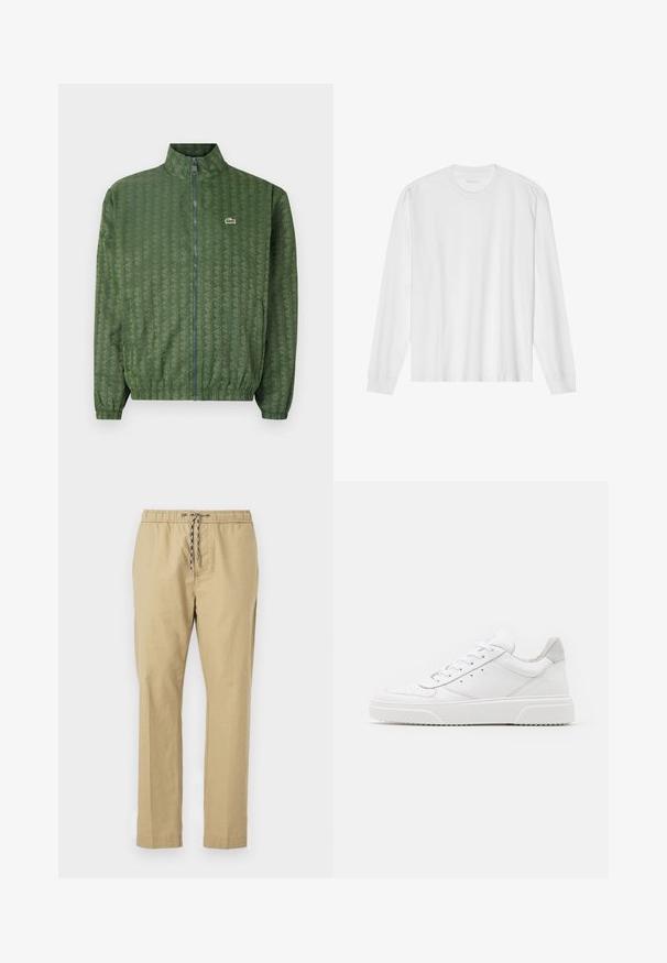 Zelená bunda na zips s geometrickým vzorom, vysokým golierom, elastickými manžetami a logom Lacoste na hrudi. Ľahký materiál.; Dlhý rukáv, biela bavlnená tričko s okrúhlym výstrihom a rebrovanými manžetami. Jednoduchý, bezvýzdobový dizajn s hladkou textúrou a štandardným strihom.; Béžové nohavice s elastickým pásom, nastaviteľnou šnúrkou, rovným strihom a ľahkým textilným materiálom.; Biele kožené tenisky s hladkým povrchom, zaoblenou špičkou, plochými šnúrkami a textúrovanou podrážkou. Sivý semišový akcent na päte.