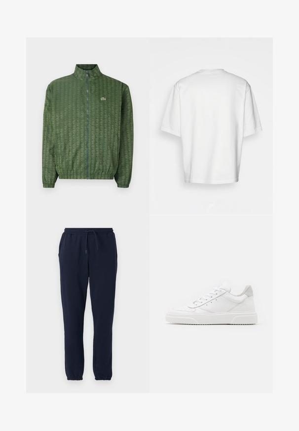 Casaco verde com fecho éclair, padrão geométrico, gola alta, punhos elásticos e um logótipo Lacoste no peito. Material leve.; Camiseta branca de manga curta, de corte solto, com gola redonda, tecido de algodão liso, costas sem adornos, barra reta, sem padrões ou detalhes.; Calças de moletão azul-marinho feitas de tecido macio, com uma cintura elástica com cordão, bolsos laterais e punhos elásticos nos tornozelos.; Ténis brancos em pele com acabamento suave, biqueira arredondada, atacadores planos e sola texturizada. Acento em camurça cinza na parte do calcanhar.