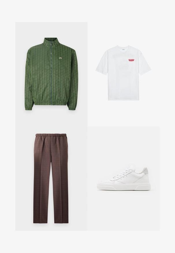 Zöld zipzáros dzseki geometrikus mintával, magas gallérral, elasztikus mandzsettákkal és Lacoste logóval a mellrészen. Könnyű anyagból készült.; Fehér pamut póló, rövid ujjakkal, kerek nyakkal, elöl piros grafikus felirattal: "ÍZLETES FRESKÉLŐ GYÜMÖLCS".; Barna kockás nadrág, laza szabással, rugalmas derékpánttal és sima textúrával. Egyenes lábakkal és diszkrét rácsos mintázattal rendelkezik.; Fehér bőr sportcipő sima felülettel, kerek orral, lapos fűzőkkel és textúrált talppal. Szürke velúr díszítés a saroknál.