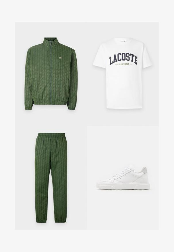 Green zip-up jacket with a geometric pattern, high collar, elastic cuffs, and a Lacoste logo on the chest. Lightweight material.; White t-shirt made of cotton featuring a navy and olive green "LACOSTE SPORTSWEAR" logo printed across the chest in a curved design.; Green patterned athletic pants with an elastic waistband, tapered legs, and a geometric design feature throughout. Made of lightweight material.; White leather sneakers with a smooth finish, rounded toe, flat laces, and a textured sole. Grey suede accent at the heel.