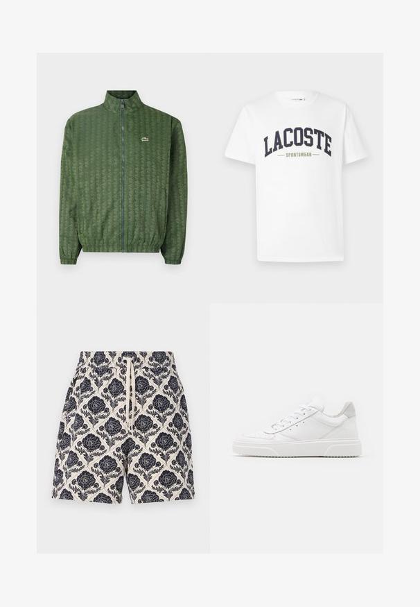 Zöld zipzáros dzseki geometrikus mintával, magas gallérral, elasztikus mandzsettákkal és Lacoste logóval a mellrészen. Könnyű anyagból készült.; Fehér, pamut póló, melyen egy kék és olíva zöld "LACOSTE SPORTSWEAR" logó található, ívelt formában a mellkas közepén.; Krém színű, navy virágmintás nyomott rövidnadrág, rugalmas derékkal és zsinórral, könnyű anyagból készült.; Fehér bőr sportcipő sima felülettel, kerek orral, lapos fűzőkkel és textúrált talppal. Szürke velúr díszítés a saroknál.