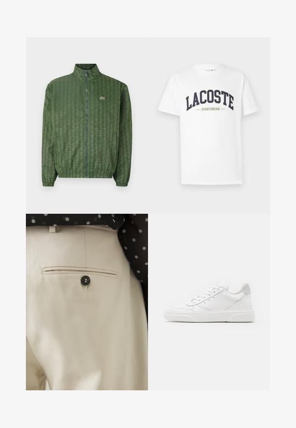 Grön zip-up jacka med geometriskt mönster, hög krage, elastiska ärmar och en Lacoste-logotyp på bröstet. Lätt material.; Vit t-shirt i bomull med en navy och olivgrön "LACOSTE SPORTSWEAR" logotyp tryckt över bröstet i en böjd design.; Beiga byxor i texturerat tyg med en bakficka som stängs med en svart knapp. Diskreta sömmar som detaljer längs fickan.; Vita lädersneakers med en slät yta, rund tå, platta snören och en texturerad sula. Grå mockadetalj vid hälen.