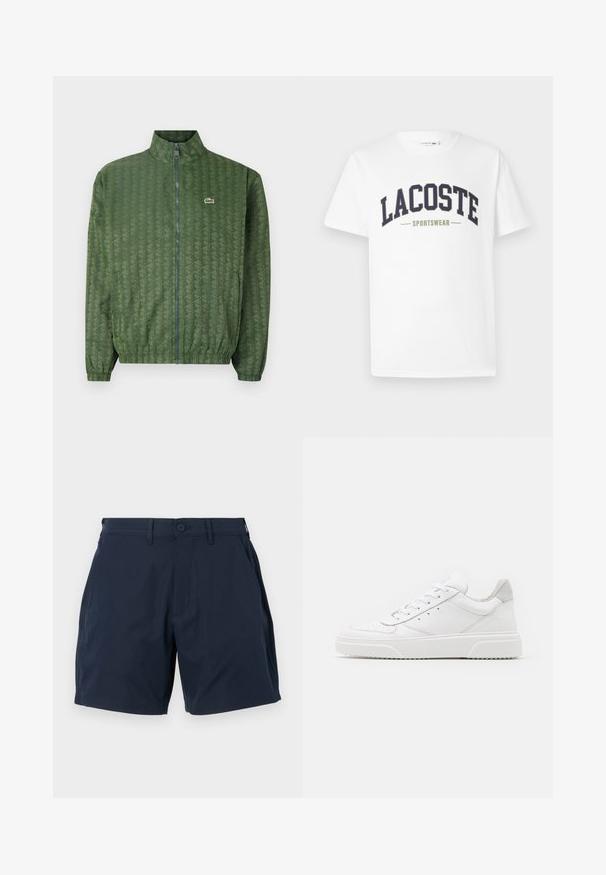 Giacca verde con zip, decorata con un motivo geometrico, colletto alto, polsini elasticizzati e logo Lacoste sul petto. Materiale leggero.; T-shirt bianca in cotone con un logo "LACOSTE SPORTSWEAR" in blu navy e verde oliva stampato trasversalmente sul petto in un design curvo.; Pantaloni corti blu navy realizzati in tessuto leggero e liscio. Presentano una chiusura con bottone, tasche laterali e un design sartoriale con taglio dritto.; Sneaker bianche in pelle con finitura liscia, punta arrotondata, lacci piatti e suola texturizzata. Accento in suede grigio sul tallone.