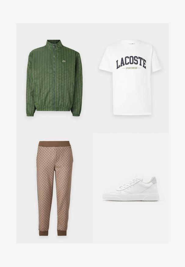 Grüne Zip-Jacke mit geometrischem Muster, hohem Kragen, elastischen Bündchen und einem Lacoste-Logo auf der Brust. Leichtes Material.; Weißes T-Shirt aus Baumwolle mit einem in gebogener Form auf der Brust gedruckten Logo "LACOSTE SPORTSWEAR" in Marineblau und Olivgrün.; Braune gemusterte Jogginghosen mit einem dehnbaren Bund, die ein sich wiederholendes Logo-Motiv, seitliche Streifen und gerippte Bündchen für eine gute Passform aufweisen.; Weiße Leder-Sneaker mit glatter Oberfläche, rundem Zehenbereich, flachen Schnürsenkeln und strukturiertem Schuhsohlen. Graues Wildleder-Detail an der Ferse.