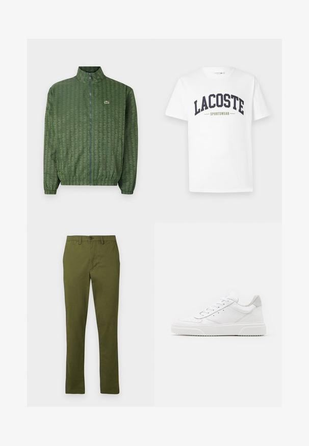 Groene ritsjack met een geometrisch patroon, hoge kraag, elastische manchetten en een Lacoste-logo op de borst. Lichtgewicht materiaal.; Witte t-shirt van katoen met een marineblauw en olijfgroene "LACOSTE SPORTSWEAR" logo dat in een gebogen ontwerp over de borst is gedrukt.; Olijfgroen katoenen broek, recht gesneden ontwerp, knoopsluiting, voorzien van riemlussen en zijzakken, gladde textuur, geen patronen.; Witte leren sneakers met een gladde afwerking, ronde neus, platte veters en een gestructureerde zool. Grijze suède accent bij de hiel.