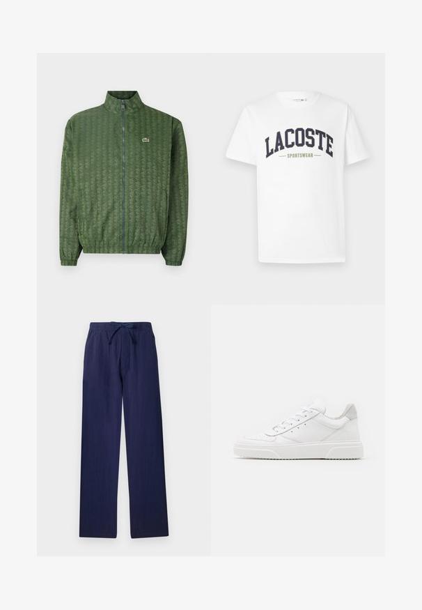 Giacca verde con zip, decorata con un motivo geometrico, colletto alto, polsini elasticizzati e logo Lacoste sul petto. Materiale leggero.; T-shirt bianca in cotone con un logo "LACOSTE SPORTSWEAR" in blu navy e verde oliva stampato trasversalmente sul petto in un design curvo.; Pantaloni blu navy a gamba larga realizzati in tessuto leggero. Presentano una cintura elastica con cordoncino e tasche laterali. Texture liscia.; Sneaker bianche in pelle con finitura liscia, punta arrotondata, lacci piatti e suola texturizzata. Accento in suede grigio sul tallone.