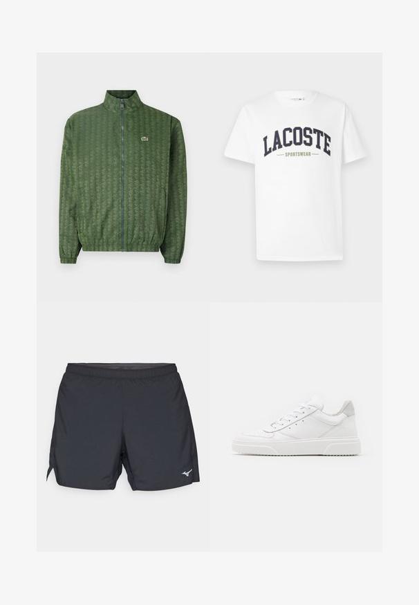 Casaco verde com fecho éclair, padrão geométrico, gola alta, punhos elásticos e um logótipo Lacoste no peito. Material leve.; T-shirt branca feita de algodão com um logótipo "LACOSTE SPORTSWEAR" em azul-marinho e verde oliva impresso no peito em um design curvado.; Calções atléticos pretos com uma cintura elástica, fendas nas laterais e um logo refletor na parte inferior direita. Feitos de um tecido leve.; Ténis brancos em pele com acabamento suave, biqueira arredondada, atacadores planos e sola texturizada. Acento em camurça cinza na parte do calcanhar.
