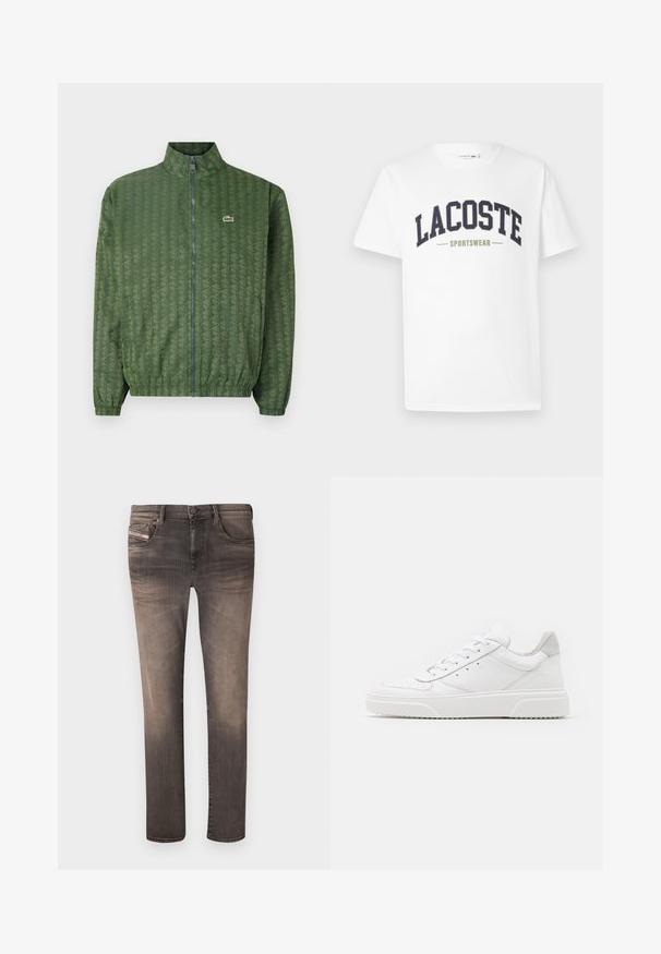 Jachetă verde cu fermoar, având un model geometric, guler înalt, manșete elastice și un logo Lacoste pe piept. Material ușor.; Tricou alb din bumbac, cu un logo "LACOSTE SPORTSWEAR" în nuanțe de albastru marin și verde oliv, imprimat pe piept într-un design curbat.; Jeans skinny de culoare neagră estompată, cu cinci buzunare, bucle pentru curea și fermoar. Materialul are o textură ușoară, cu urme subtile de uzură.; Adidași din piele albă cu un finisaj neted, vârf rotunjit, șireturi plate și o talpă texturată. Accente din piele întoarsă gri la călcâi.