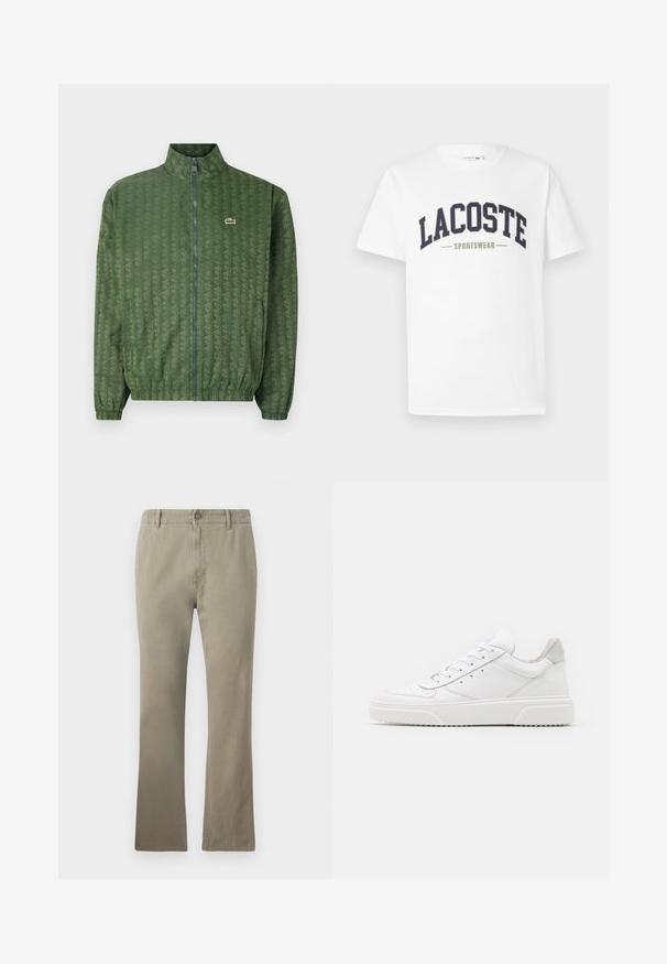 Groene ritsjack met een geometrisch patroon, hoge kraag, elastische manchetten en een Lacoste-logo op de borst. Lichtgewicht materiaal.; Witte t-shirt van katoen met een marineblauw en olijfgroene "LACOSTE SPORTSWEAR" logo dat in een gebogen ontwerp over de borst is gedrukt.; Beige katoenen broek met een rechte snit, voorzien van een knoopsluiting, riemlussen en een licht gestructureerd oppervlak, geschikt voor casual draag.; Witte leren sneakers met een gladde afwerking, ronde neus, platte veters en een gestructureerde zool. Grijze suède accent bij de hiel.