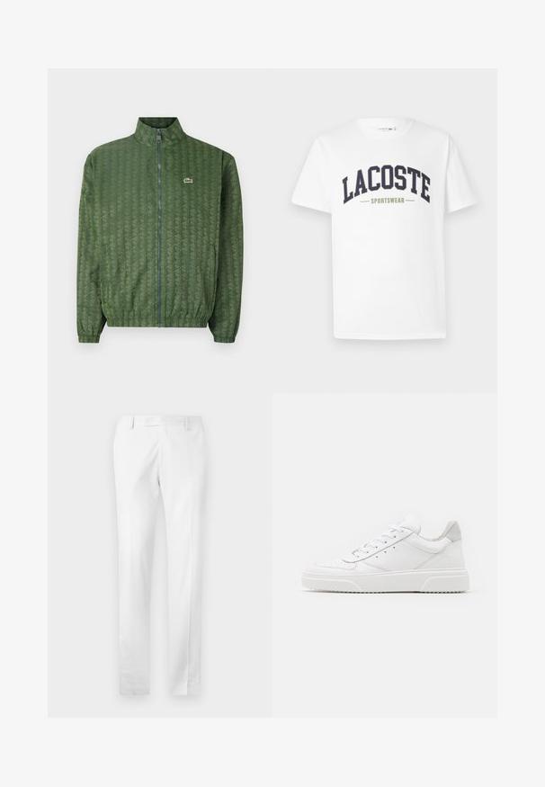 Grön zip-up jacka med geometriskt mönster, hög krage, elastiska ärmar och en Lacoste-logotyp på bröstet. Lätt material.; Vit t-shirt i bomull med en navy och olivgrön "LACOSTE SPORTSWEAR" logotyp tryckt över bröstet i en böjd design.; Vita skräddarsydda byxor tillverkade av mjukt tyg, med platt fram, sidofickor och rak bendesign.; Vita lädersneakers med en slät yta, rund tå, platta snören och en texturerad sula. Grå mockadetalj vid hälen.