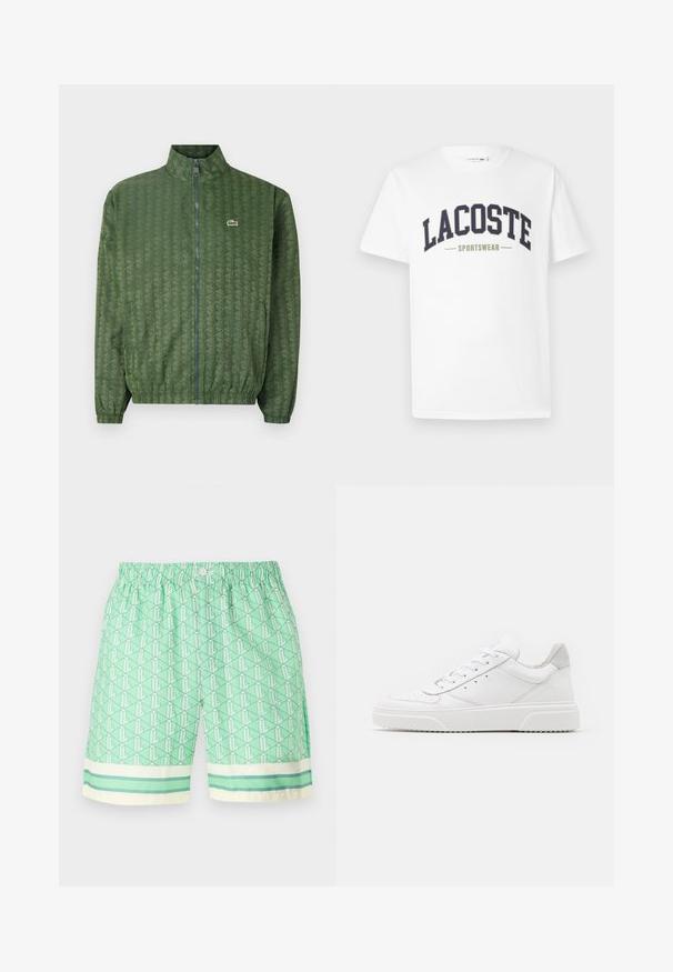 Zöld zipzáros dzseki geometrikus mintával, magas gallérral, elasztikus mandzsettákkal és Lacoste logóval a mellrészen. Könnyű anyagból készült.; Fehér, pamut póló, melyen egy kék és olíva zöld "LACOSTE SPORTSWEAR" logó található, ívelt formában a mellkas közepén.; Zöld mintás úszónadrág elasztikus derékkal és gombos zárással. Geometrikus mintázattal és világos kiemelésekkel díszített csíkos szegéllyel rendelkezik.; Fehér bőr sportcipő sima felülettel, kerek orral, lapos fűzőkkel és textúrált talppal. Szürke velúr díszítés a saroknál.