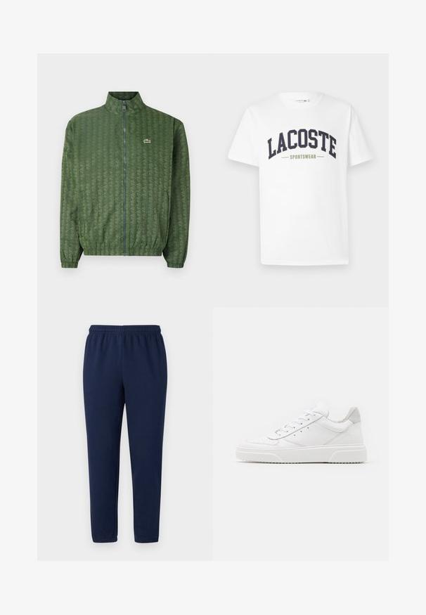 Grüne Zip-Jacke mit geometrischem Muster, hohem Kragen, elastischen Bündchen und einem Lacoste-Logo auf der Brust. Leichtes Material.; Weißes T-Shirt aus Baumwolle mit einem in gebogener Form auf der Brust gedruckten Logo "LACOSTE SPORTSWEAR" in Marineblau und Olivgrün.; Marineblaue Sweatpants aus weichem Baumwollmix, mit einem elastischen Bund und schmal zulaufenden Beinen, ohne sichtbare Muster oder Akzente.; Weiße Leder-Sneaker mit glatter Oberfläche, rundem Zehenbereich, flachen Schnürsenkeln und strukturiertem Schuhsohlen. Graues Wildleder-Detail an der Ferse.