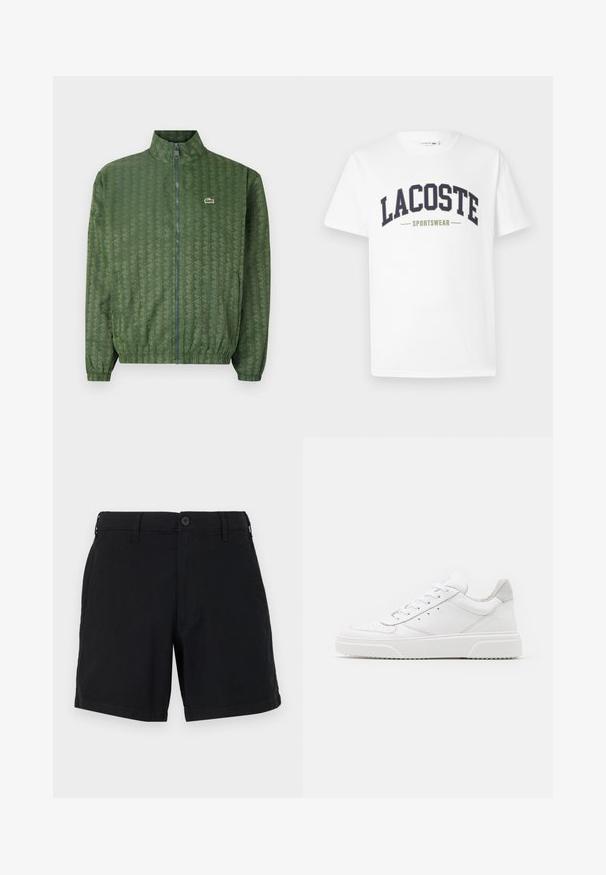 Zelena jakna na zadrgo s geometrijskim uzorkom, visokim ovratnikom, elastičnim manžetama i Lacoste logotipom na prsima. Lagani materijal.; Bela majica iz bombaža z nebesno modrim in olivno zelenim logotipom "LACOSTE SPORTSWEAR" natisnjenim čez prsni del v ukrivljenem dizajnu.; Črne bombažne kratke hlače z gumbom za zapiranje, stranskimi žepi in ravnim krojem. Tkanina ima gladko teksturo in preprost zaključek.; Bele usnjene športne copate z gladkim zaključkom, okroglo konico, ravnimi vezalkami in teksturiranim podplatom. Sivi semiš detajl na peti.