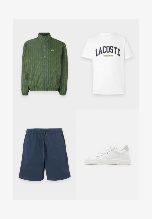 Giacca verde con zip, decorata con un motivo geometrico, colletto alto, polsini elasticizzati e logo Lacoste sul petto. Materiale leggero.; T-shirt bianca in cotone con un logo "LACOSTE SPORTSWEAR" in blu navy e verde oliva stampato trasversalmente sul petto in un design curvo.; Pantaloni corti blu navy in cotone con vita elasticizzata e cordoncino. Presentano tasche laterali e un taglio dritto.; Sneaker bianche in pelle con finitura liscia, punta arrotondata, lacci piatti e suola texturizzata. Accento in suede grigio sul tallone.