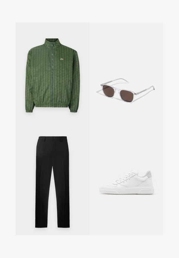 Zelena jakna na zadrgo s geometrijskim uzorkom, visokim ovratnikom, elastičnim manžetama i Lacoste logotipom na prsima. Lagani materijal.; Bela majica iz bombaža z nebesno modrim in olivno zelenim logotipom "LACOSTE SPORTSWEAR" natisnjenim čez prsni del v ukrivljenem dizajnu.; Črne hlače iz gladkega blaga s ravnim krojem, sprednjimi gubami in gumbom za zapiranje v pasu.; Bele usnjene športne copate z gladkim zaključkom, okroglo konico, ravnimi vezalkami in teksturiranim podplatom. Sivi semiš detajl na peti.; Jasne plastične naočale s pravokutnim smeškim lećama, koje imaju tanke, prozirne drške i metalne detalje na sljepoočnicama.
