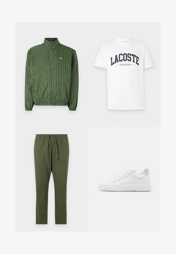Grön zip-up jacka med geometriskt mönster, hög krage, elastiska ärmar och en Lacoste-logotyp på bröstet. Lätt material.; Vit t-shirt i bomull med en navy och olivgrön "LACOSTE SPORTSWEAR" logotyp tryckt över bröstet i en böjd design.; Olivgröna, lätta byxor med dragsko i midjan, rak benform och mjuk textur. Enkel och funktionell stil.; Vita lädersneakers med en slät yta, rund tå, platta snören och en texturerad sula. Grå mockadetalj vid hälen.