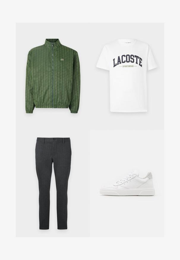 Groene ritsjack met een geometrisch patroon, hoge kraag, elastische manchetten en een Lacoste-logo op de borst. Lichtgewicht materiaal.; Witte t-shirt van katoen met een marineblauw en olijfgroene "LACOSTE SPORTSWEAR" logo dat in een gebogen ontwerp over de borst is gedrukt.; Donkergrijze broeken met een ge textured patroon, slim fit, standaard taille met een enkele knoop en rechte pijpen, ontworpen voor een moderne look.; Witte leren sneakers met een gladde afwerking, ronde neus, platte veters en een gestructureerde zool. Grijze suède accent bij de hiel.