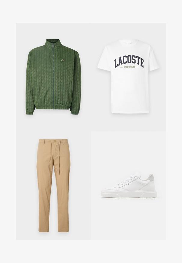 Zelena jakna na zadrgo s geometrijskim uzorkom, visokim ovratnikom, elastičnim manžetama i Lacoste logotipom na prsima. Lagani materijal.; Bela majica iz bombaža z nebesno modrim in olivno zelenim logotipom "LACOSTE SPORTSWEAR" natisnjenim čez prsni del v ukrivljenem dizajnu.; Svetlo bež bombažne hlače z vrvico za nastavitev v pasu, zožajočim krojem, standardnimi žepi in gumbom za zapiranje spredaj. Gladka površina.; Bele usnjene športne copate z gladkim zaključkom, okroglo konico, ravnimi vezalkami in teksturiranim podplatom. Sivi semiš detajl na peti.