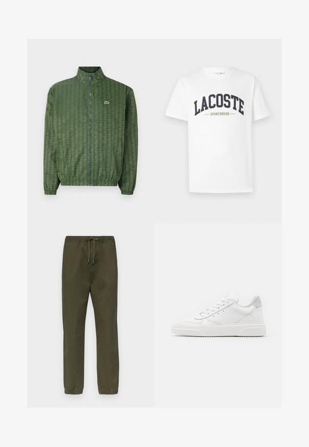 Groene ritsjack met een geometrisch patroon, hoge kraag, elastische manchetten en een Lacoste-logo op de borst. Lichtgewicht materiaal.; Witte t-shirt van katoen met een marineblauw en olijfgroene "LACOSTE SPORTSWEAR" logo dat in een gebogen ontwerp over de borst is gedrukt.; Olijfgroene katoenmix broek met een elastische tailleband, een trekkoordsluiting en taps toelopende benen met elastische manchetten. Gladde textuur, geen patronen.; Witte leren sneakers met een gladde afwerking, ronde neus, platte veters en een gestructureerde zool. Grijze suède accent bij de hiel.