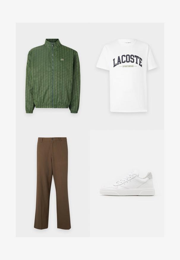 Veste zippée verte avec un motif géométrique, col haut, poignets élastiques et logo Lacoste sur la poitrine. Matériau léger.; T-shirt blanc en coton avec un logo "LACOSTE SPORTSWEAR" en vert marine et vert olive imprimé sur la poitrine dans un design courbé.; Pantalons marron à jambes droites en tissu texturé, avec une fermeture à bouton et une taille standard, dotés de poches latérales et de coutures ajustées.; Des baskets en cuir blanc avec une finition lisse, un bout rond, des lacets plats et une semelle texturée. Accents en daim gris au niveau du talon.