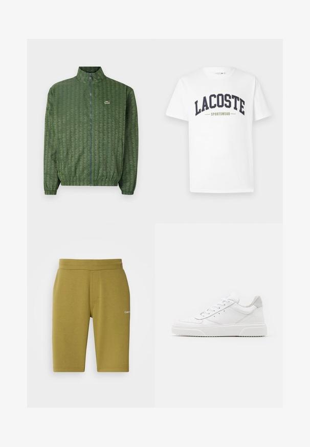Grüne Zip-Jacke mit geometrischem Muster, hohem Kragen, elastischen Bündchen und einem Lacoste-Logo auf der Brust. Leichtes Material.; Weißes T-Shirt aus Baumwolle mit einem in gebogener Form auf der Brust gedruckten Logo "LACOSTE SPORTSWEAR" in Marineblau und Olivgrün.; Olivgrüne Shorts aus einem weichen Baumwollgemisch, mit glatter Textur, elastischem Bund und diskretem Logo auf der linken Seite.; Weiße Leder-Sneaker mit glatter Oberfläche, rundem Zehenbereich, flachen Schnürsenkeln und strukturiertem Schuhsohlen. Graues Wildleder-Detail an der Ferse.