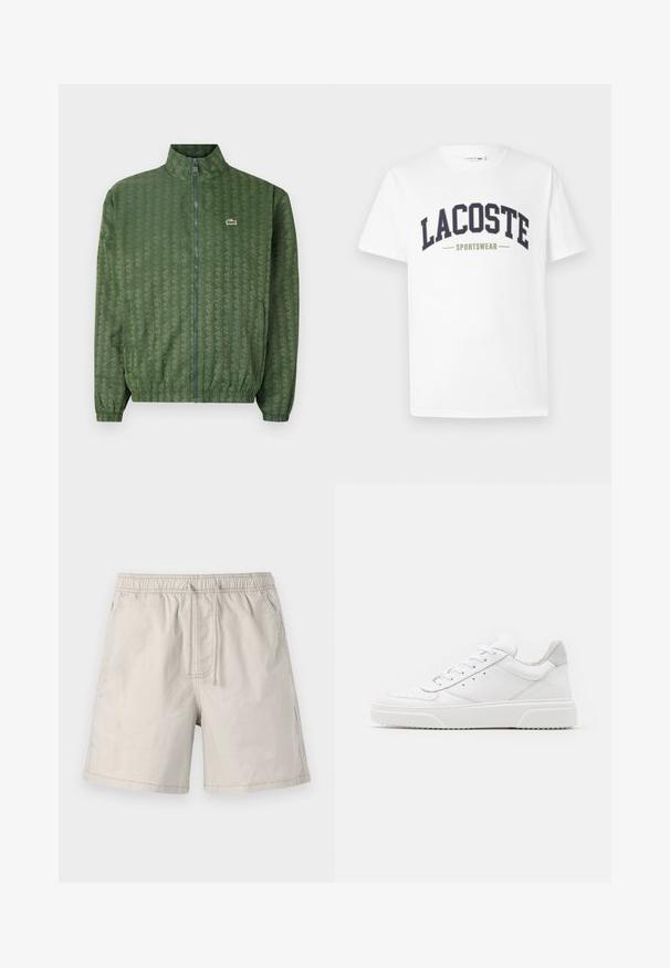 Zelena jakna na zadrgo s geometrijskim uzorkom, visokim ovratnikom, elastičnim manžetama i Lacoste logotipom na prsima. Lagani materijal.; Bela majica iz bombaža z nebesno modrim in olivno zelenim logotipom "LACOSTE SPORTSWEAR" natisnjenim čez prsni del v ukrivljenem dizajnu.; Bež hlače iz lahkega materiala, s fleksibilnim pasom, vezalko in stranskimi žepi z kontrastnim šivom.; Bele usnjene športne copate z gladkim zaključkom, okroglo konico, ravnimi vezalkami in teksturiranim podplatom. Sivi semiš detajl na peti.