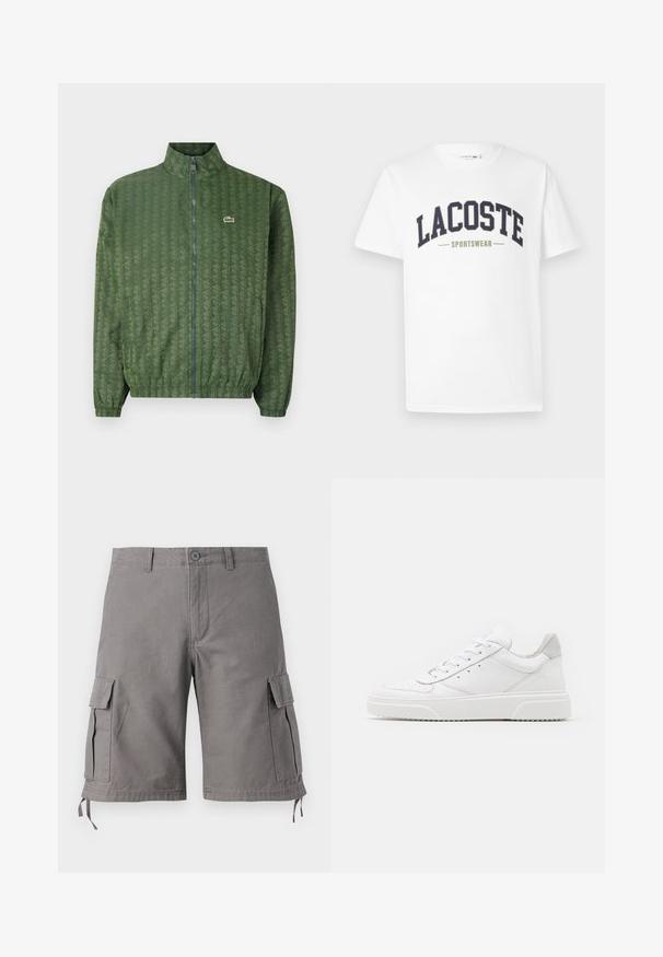 Grön zip-up jacka med geometriskt mönster, hög krage, elastiska ärmar och en Lacoste-logotyp på bröstet. Lätt material.; Vit t-shirt i bomull med en navy och olivgrön "LACOSTE SPORTSWEAR" logotyp tryckt över bröstet i en böjd design.; Grå cargo-short i en blandning av bomull. Har sidofickor, justerbara dragsnören i fållen och knappstängning.; Vita lädersneakers med en slät yta, rund tå, platta snören och en texturerad sula. Grå mockadetalj vid hälen.