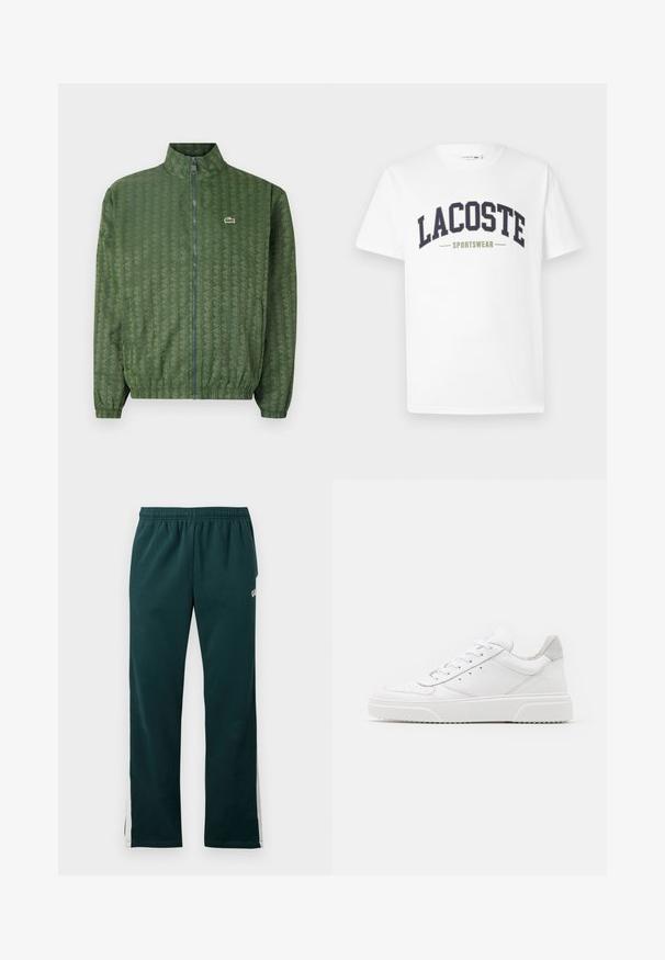Groene ritsjack met een geometrisch patroon, hoge kraag, elastische manchetten en een Lacoste-logo op de borst. Lichtgewicht materiaal.; Witte t-shirt van katoen met een marineblauw en olijfgroene "LACOSTE SPORTSWEAR" logo dat in een gebogen ontwerp over de borst is gedrukt.; Donkergroene joggingbroek met elastische tailleband en witte strepen die langs de buitenzijden van de benen lopen.; Witte leren sneakers met een gladde afwerking, ronde neus, platte veters en een gestructureerde zool. Grijze suède accent bij de hiel.