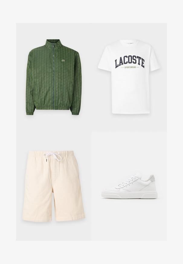 Giacca verde con zip, decorata con un motivo geometrico, colletto alto, polsini elasticizzati e logo Lacoste sul petto. Materiale leggero.; T-shirt bianca in cotone con un logo "LACOSTE SPORTSWEAR" in blu navy e verde oliva stampato trasversalmente sul petto in un design curvo.; Pantaloni corti in cotone beige con una vestibilità rilassata, cintura elastica e coulisse bianca. Presentano tasche laterali e una texture liscia.; Sneaker bianche in pelle con finitura liscia, punta arrotondata, lacci piatti e suola texturizzata. Accento in suede grigio sul tallone.