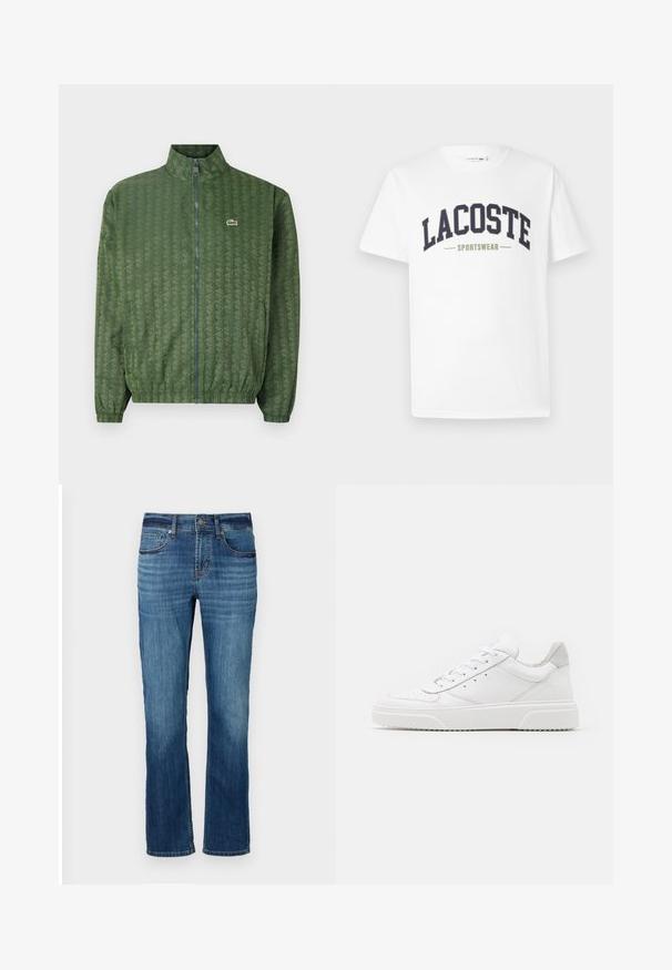 Zelená bunda na zips s geometrickým vzorom, vysokým golierom, elastickými manžetami a logom Lacoste na hrudi. Ľahký materiál.; Biela tričko vyrobené zo 100% bavlny, na ktorom je cez hrudník potlačený logo "LACOSTE SPORTSWEAR" v námorníckej modrej a olivovej zelenej farbe, a to v zakrivenom dizajne.; Modré džínsy s rovnými nohavicami, obsahujúce päť vreciek, s jemným vyblednutím a medeným prešívaním. Dokončené štandardným pásom.; Biele kožené tenisky s hladkým povrchom, zaoblenou špičkou, plochými šnúrkami a textúrovanou podrážkou. Sivý semišový akcent na päte.