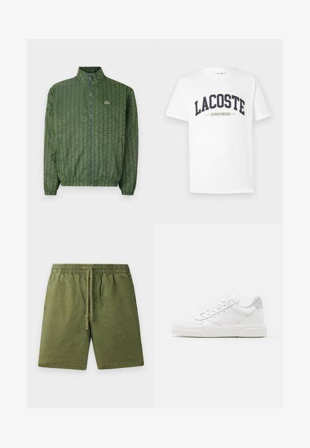 Grüne Zip-Jacke mit geometrischem Muster, hohem Kragen, elastischen Bündchen und einem Lacoste-Logo auf der Brust. Leichtes Material.; Weißes T-Shirt aus Baumwolle mit einem in gebogener Form auf der Brust gedruckten Logo "LACOSTE SPORTSWEAR" in Marineblau und Olivgrün.; Khaki-grüne Shorts aus weichem Baumwollstoff, mit einem elastischen Bündchen und einer Kordel sowie Seitentaschen. Glatte Textur, lässiges Design.; Weiße Leder-Sneaker mit glatter Oberfläche, rundem Zehenbereich, flachen Schnürsenkeln und strukturiertem Schuhsohlen. Graues Wildleder-Detail an der Ferse.