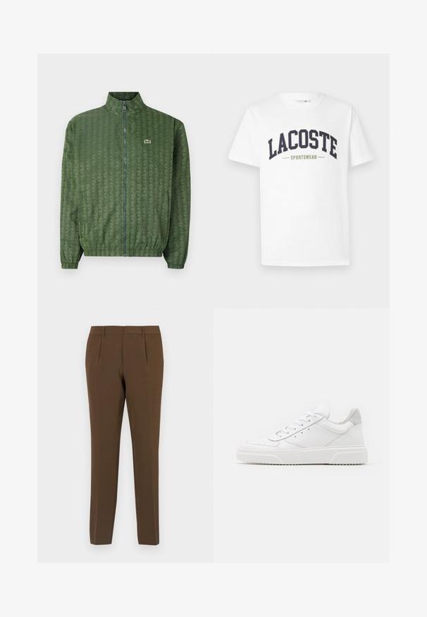Green zip-up jacket with a geometric pattern, high collar, elastic cuffs, and a Lacoste logo on the chest. Lightweight material.; White t-shirt made of cotton featuring a navy and olive green "LACOSTE SPORTSWEAR" logo printed across the chest in a curved design.; Brown tailored trousers with a smooth texture, featuring two front pleats, straight legs, and belt loops. Clean, minimalist design.; White leather sneakers with a smooth finish, rounded toe, flat laces, and a textured sole. Grey suede accent at the heel.