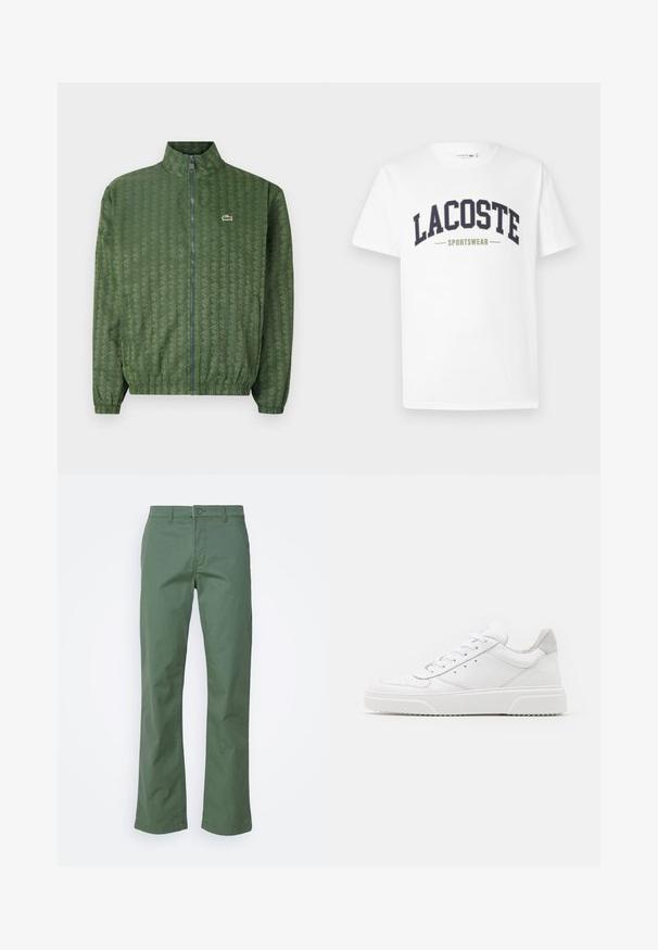 Giacca verde con zip, decorata con un motivo geometrico, colletto alto, polsini elasticizzati e logo Lacoste sul petto. Materiale leggero.; T-shirt bianca in cotone con un logo "LACOSTE SPORTSWEAR" in blu navy e verde oliva stampato trasversalmente sul petto in un design curvo.; Pantaloni in cotone verdi con un design a gamba dritta, caratterizzati da una chiusura anteriore con bottone e tasche laterali. Tessuto liscio e senza fantasie.; Sneaker bianche in pelle con finitura liscia, punta arrotondata, lacci piatti e suola texturizzata. Accento in suede grigio sul tallone.