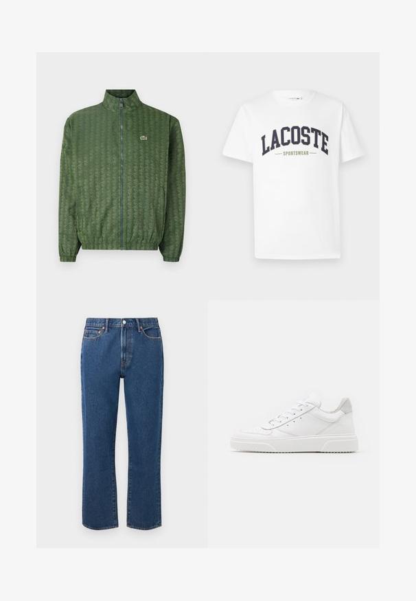 Zelená bunda na zips s geometrickým vzorom, vysokým golierom, elastickými manžetami a logom Lacoste na hrudi. Ľahký materiál.; Biela tričko vyrobené zo 100% bavlny, na ktorom je cez hrudník potlačený logo "LACOSTE SPORTSWEAR" v námorníckej modrej a olivovej zelenej farbe, a to v zakrivenom dizajne.; Modré rovné džínsy z denimu, s gombíkovým zapínaním, piatimi vreckami a kontrastným oranžovým prešívaním.; Biele kožené tenisky s hladkým povrchom, zaoblenou špičkou, plochými šnúrkami a textúrovanou podrážkou. Sivý semišový akcent na päte.