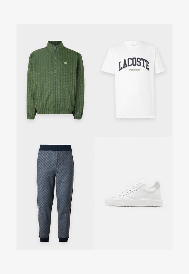 Groene ritsjack met een geometrisch patroon, hoge kraag, elastische manchetten en een Lacoste-logo op de borst. Lichtgewicht materiaal.; Witte t-shirt van katoen met een marineblauw en olijfgroene "LACOSTE SPORTSWEAR" logo dat in een gebogen ontwerp over de borst is gedrukt.; Grijze joggerbroeken met een patroon en een strakke tailleband, voorzien van een geometrisch ontwerp en zijstrepen, gemaakt van zachte stof met geribbelde boorden.; Witte leren sneakers met een gladde afwerking, ronde neus, platte veters en een gestructureerde zool. Grijze suède accent bij de hiel.